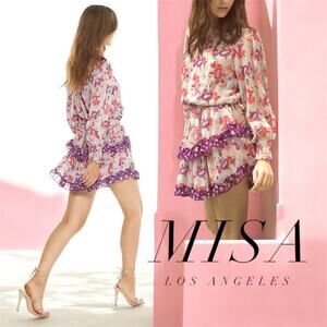 MISA Los Angeles Camila Dress Purple Floral Smocked Sleeve Mini Dress Sz Small